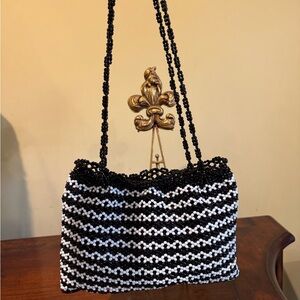 New Elegant Black and White Beaded Handbag